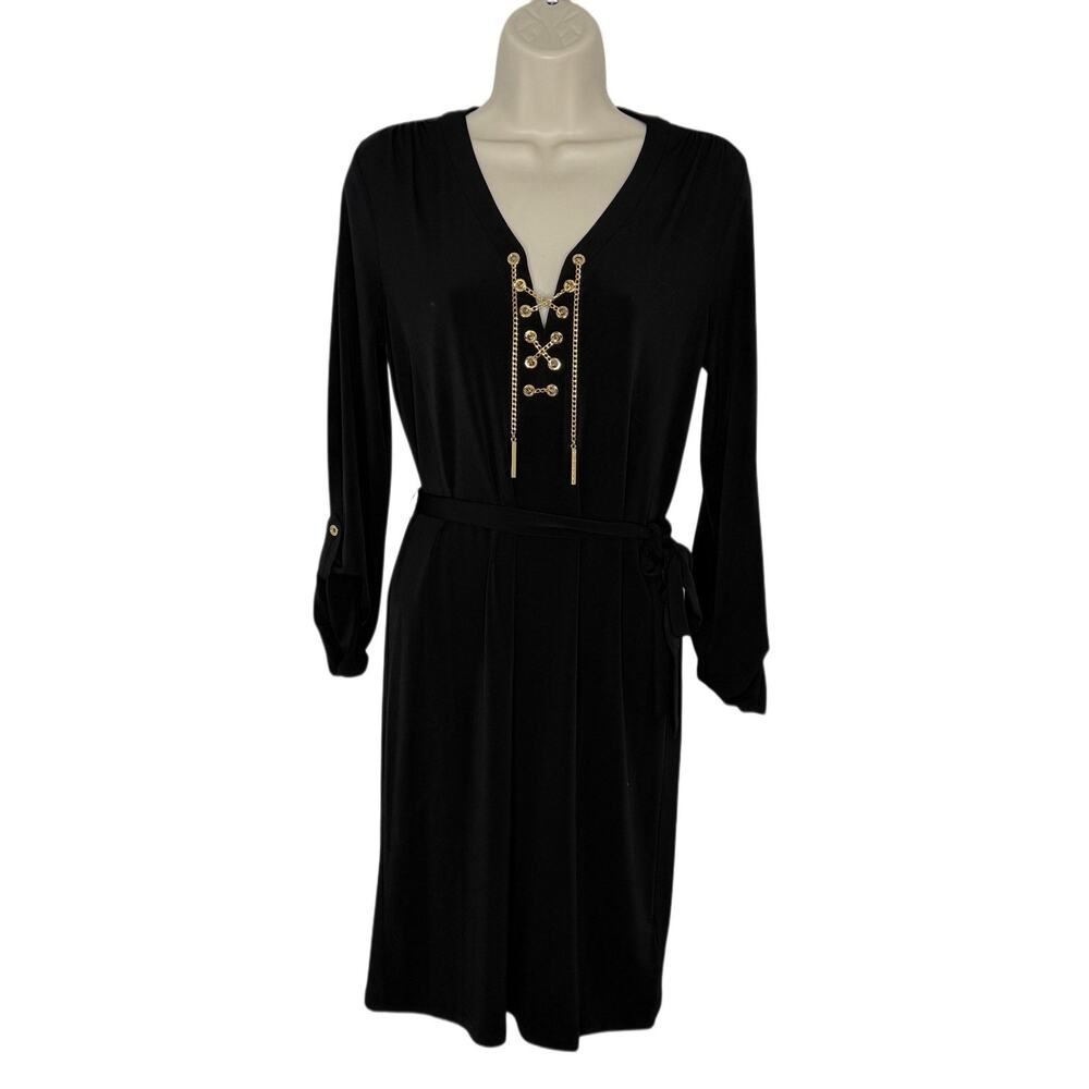 Michael Kors Black Gold Chain Lace Up Roll Tab Sleeve Belted Dress Size Small